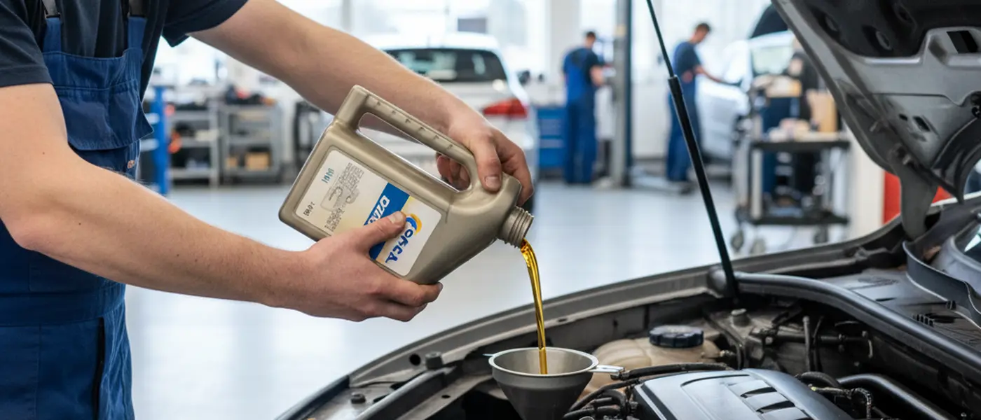Bilmekaniker häller motorolja i en bilmotor under en rutinservice i en svensk verkstad