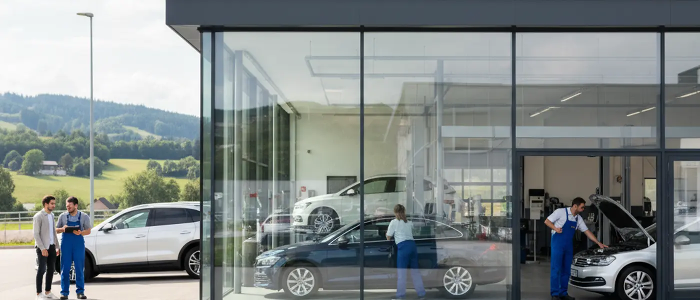 Svensk bilmekaniker inspekterar en Volvo på en lyft i en modern verkstad