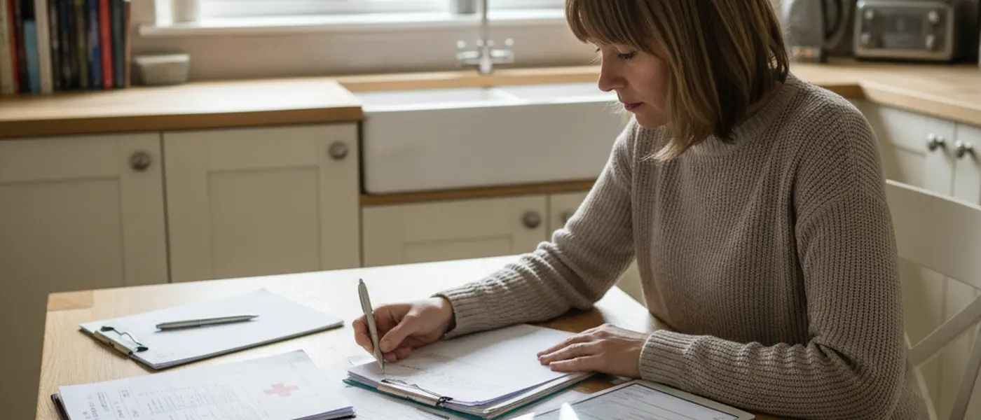 Person reviewing medical records and accident photos at a kitchen table, preparing for a solicitor consultation