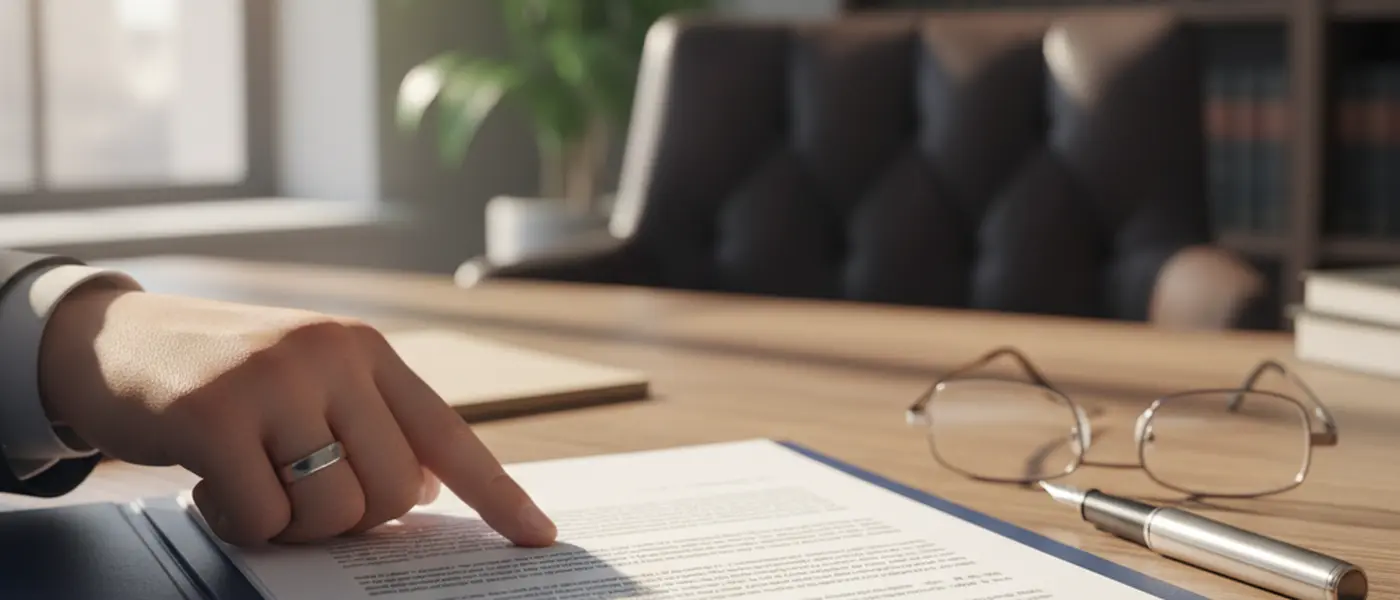 Solicitor reviewing a legal agreement clause on a desk in a UK law office