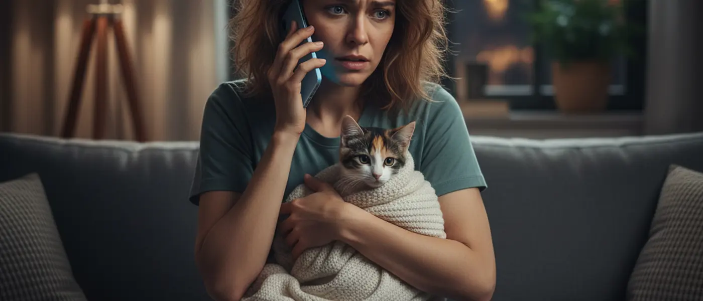Propriétaire inquiet tenant un chat dans une couverture tout en appelant un vétérinaire de garde la nuit