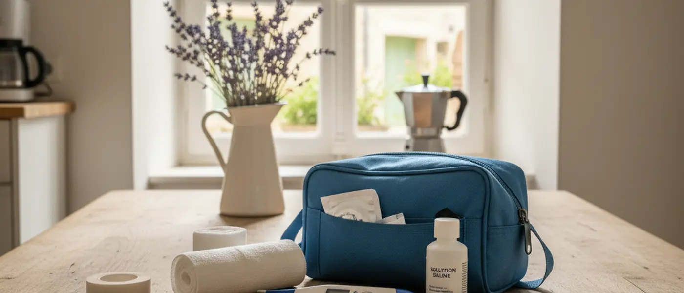 Trousse de premiers secours vétérinaires avec compresses, thermomètre et pince à tiques sur une table de cuisine