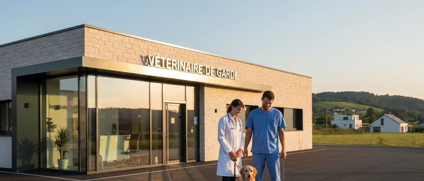 Vétérinaire en blouse blanche examinant un golden retriever dans une clinique vétérinaire moderne la nuit