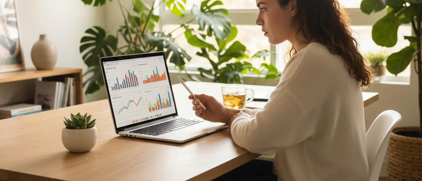 Jovem brasileira comparando opções de investimento em laptop no home office