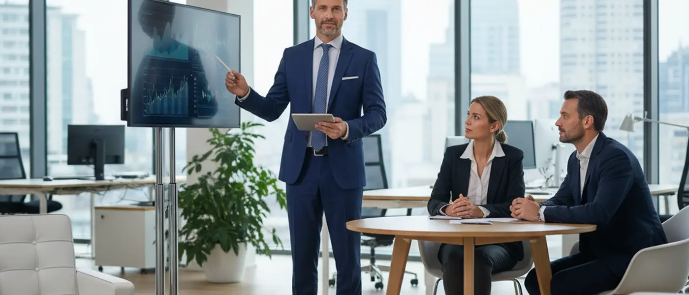 Consultor financeiro brasileiro revisando gráficos e documentos com cliente em escritório moderno