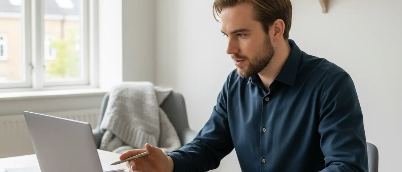 Dansk iværksætter sammenligner fakturaer på laptop i et minimalistisk kontor