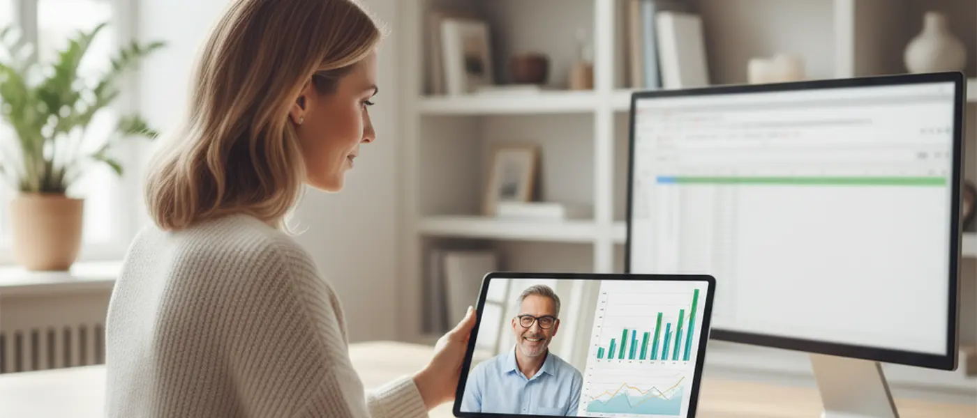 Dansk kvinde i videomøde med sin revisor, finansielle grafer synlige på tablet