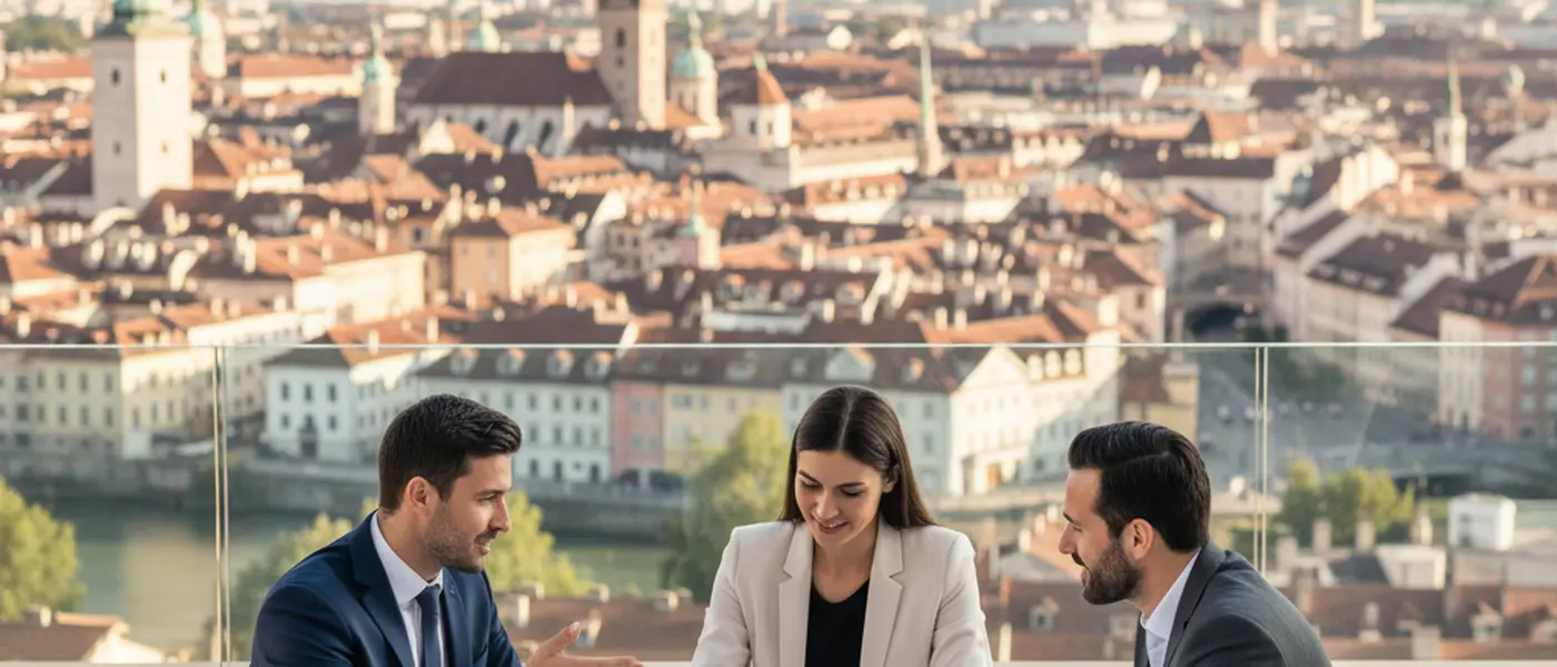 Dansk virksomhedsejer og revisor gennemgår dokumenter sammen i et moderne kontor i København