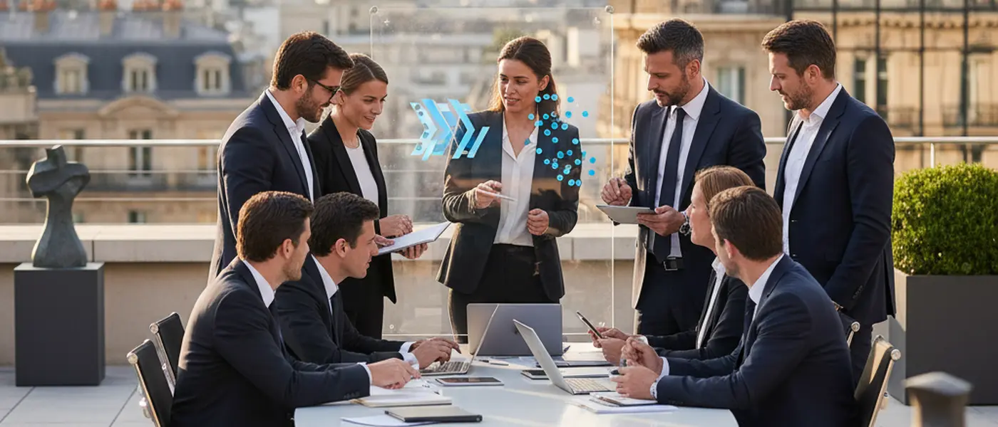 Geschäftsführer bespricht Strategiecharts mit einem Unternehmensberater in einem modernen Frankfurter Büro