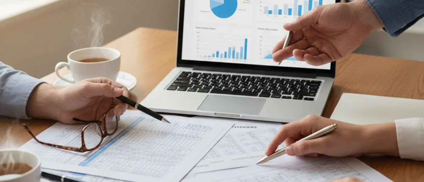 Chartered accountant reviewing financial documents with a client in a modern British office