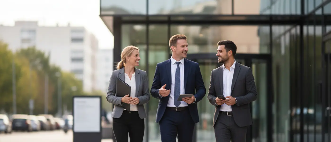 Chartered accountant reviewing documents with a client in a modern British office with natural daylight