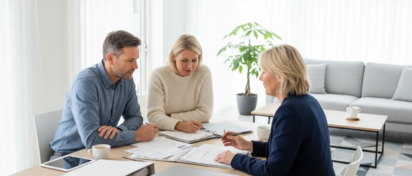 Dansk par gennemgår økonomiske dokumenter med en familieretsadvokat i et lyst mødelokale