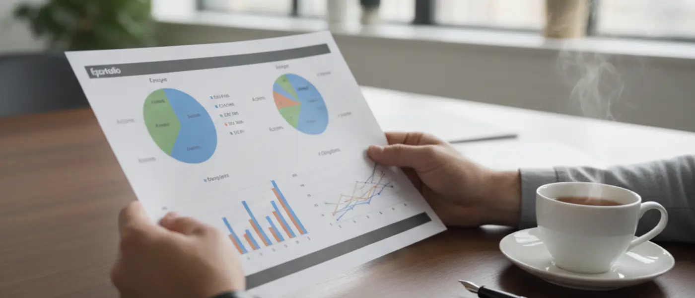 Hands reviewing a printed financial portfolio with asset allocation charts on a desk