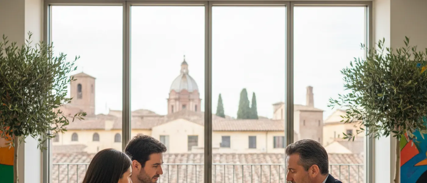 Consulente finanziario italiano presenta strategia di investimento su tablet a una coppia in ufficio moderno