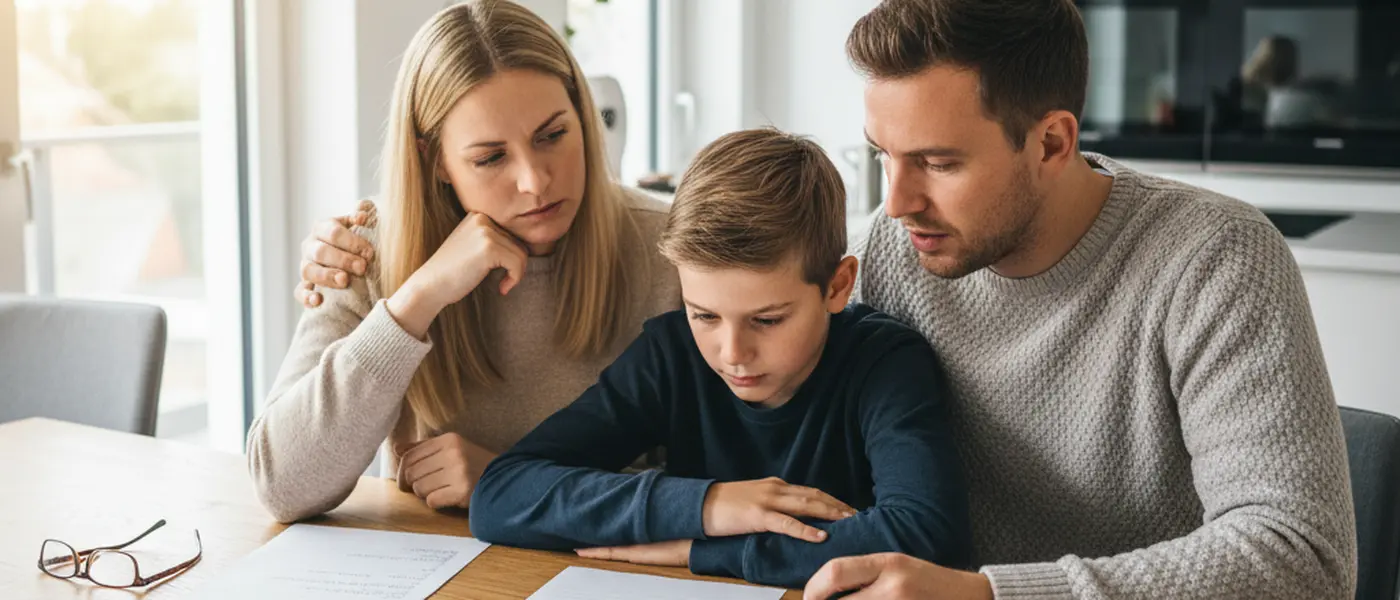 Eltern besprechen Schulnoten mit ihrem Kind am Küchentisch, Mathe-Lehrbuch geöffnet