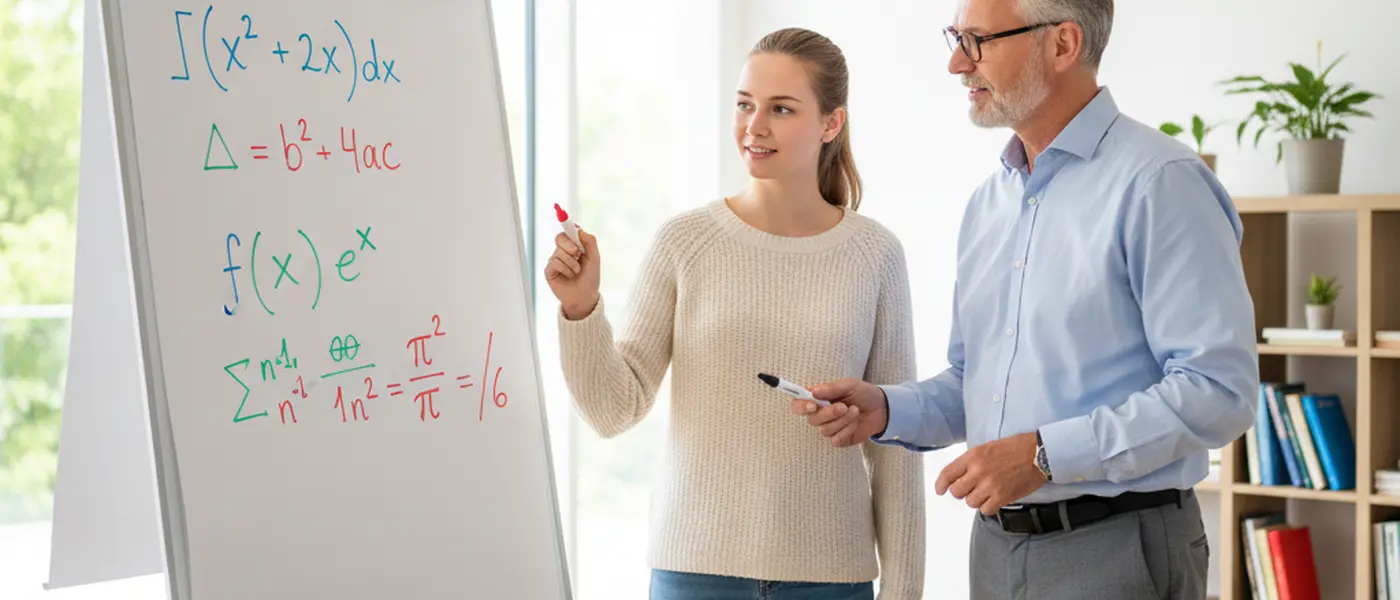 Schüler löst Mathe-Gleichungen an einem Whiteboard während einer Nachhilfestunde