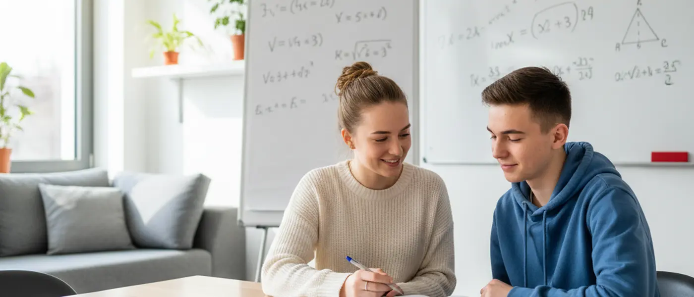 Nachhilfelehrerin und Teenager arbeiten gemeinsam an Matheaufgaben in einem modernen Arbeitszimmer