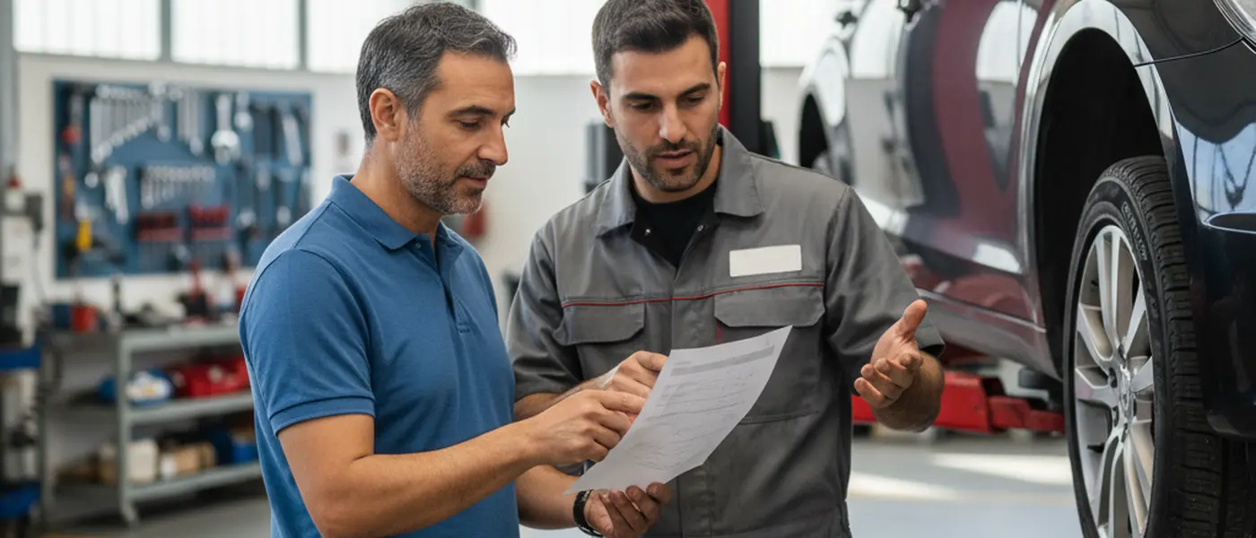 Cliente a analisar um orçamento de reparação com um mecânico numa oficina automóvel portuguesa