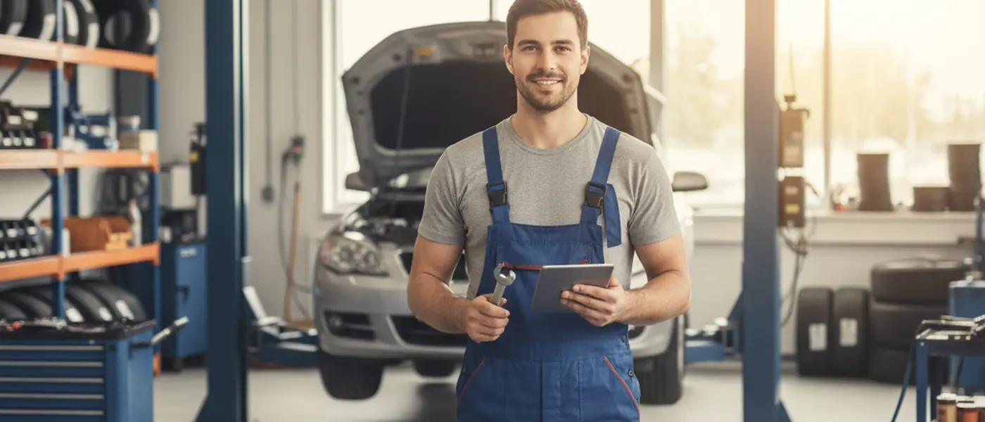 Mecânico português a inspecionar o motor de um carro numa oficina independente em Lisboa