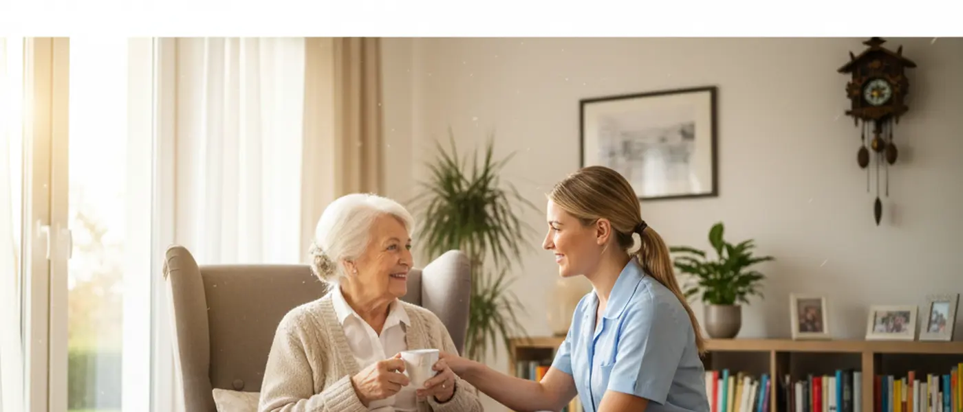 Ältere Frau erhält häusliche Pflege durch eine professionelle Pflegekraft in Deutschland
