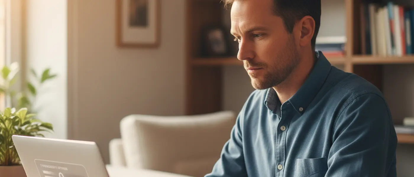 Personne vérifiant les paramètres de cybersécurité sur un ordinateur portable dans un bureau à domicile