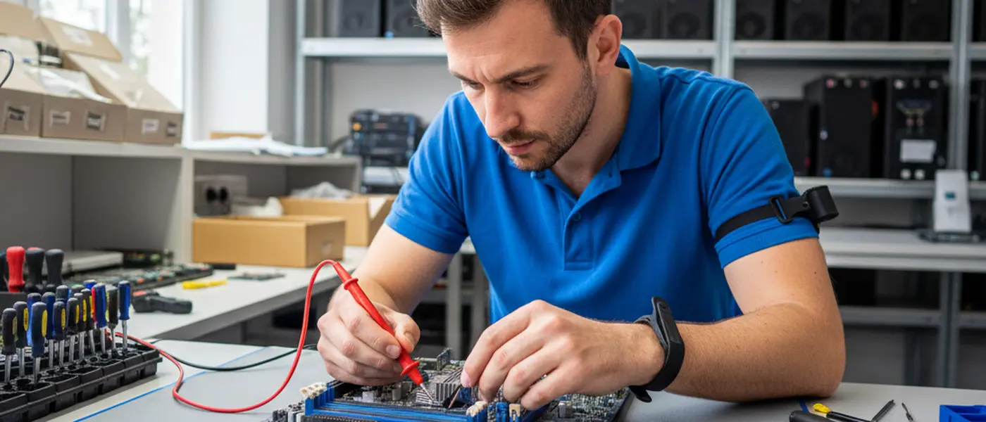 Technicien informatique utilisant un multimètre pour diagnostiquer une carte mère dans un atelier de réparation