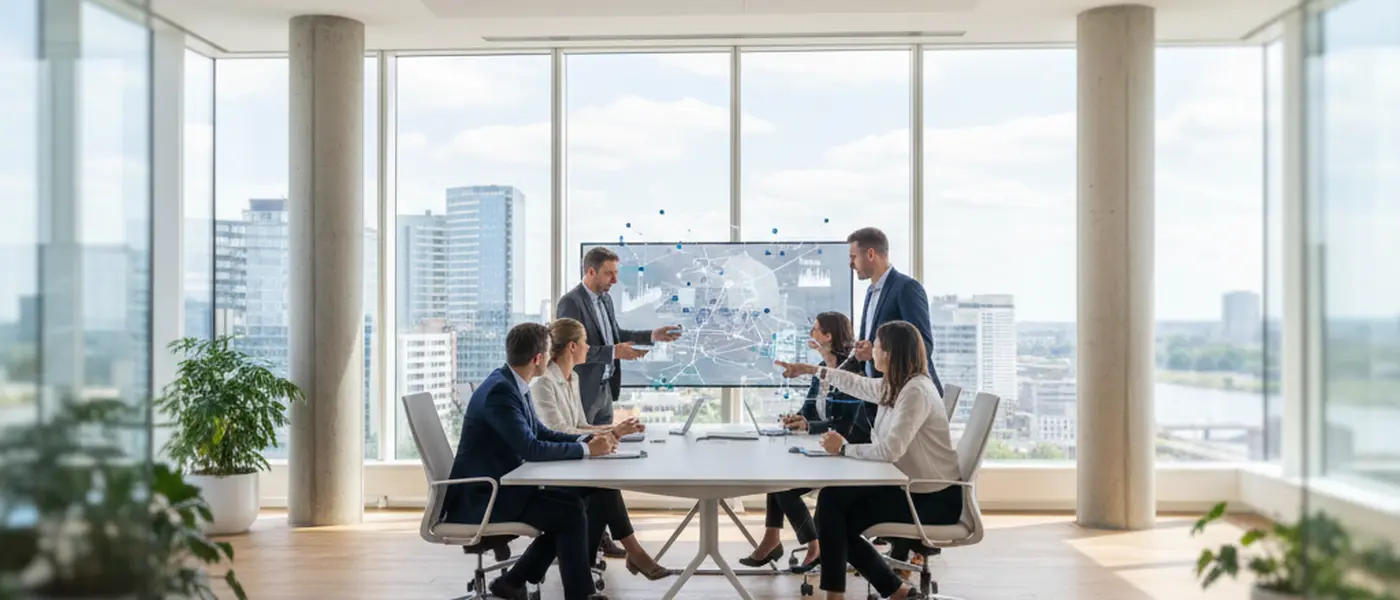 Consultant informatique français expliquant un diagnostic technique à un client depuis son bureau