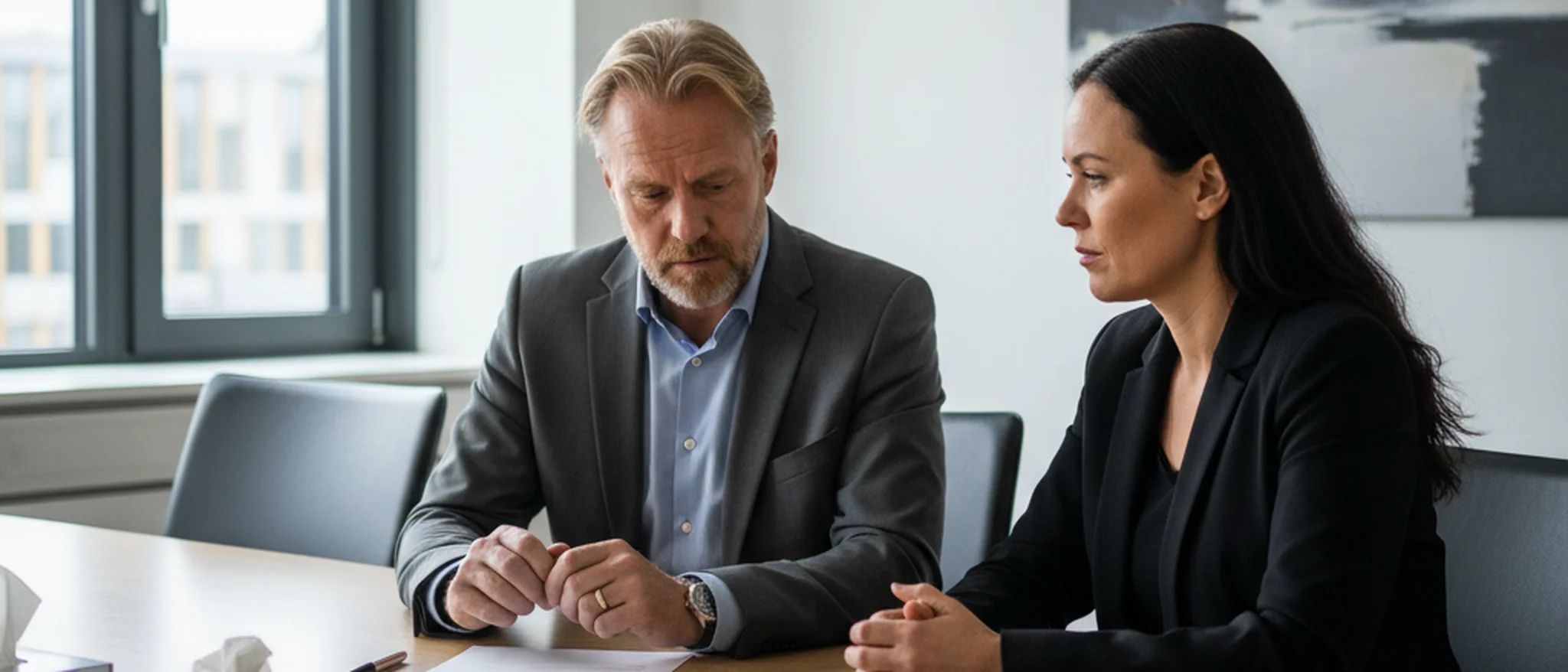 Arbeidstaker mottar oppsigelsesbrev ved kontorpult i norsk kontorlandskap