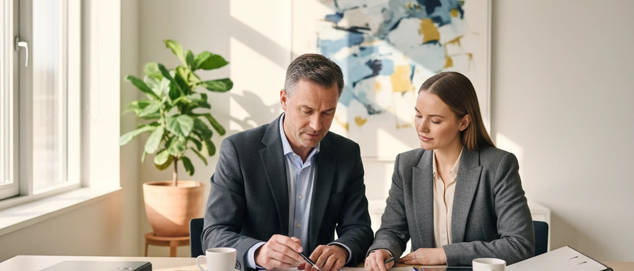 Advokat og klient avslutter vellykket forhandling i norsk rettssal-korridor