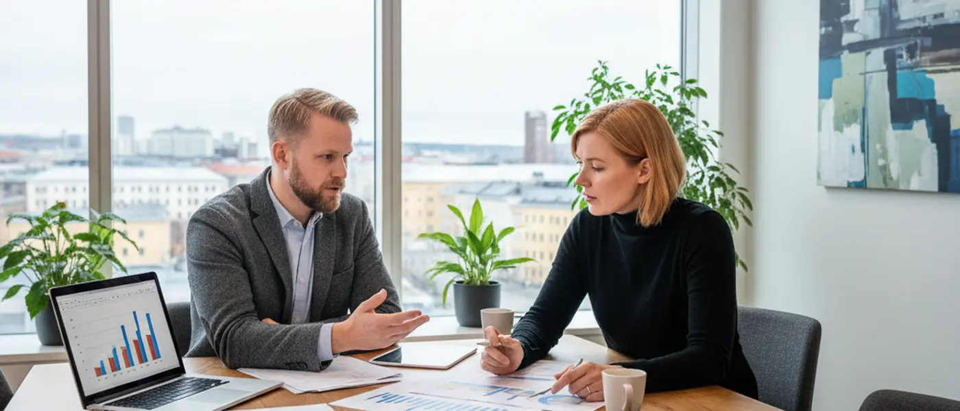 Yrittäjä ja kirjanpitäjä käyvät läpi yrityksen taloustietoja modernissa toimistossa