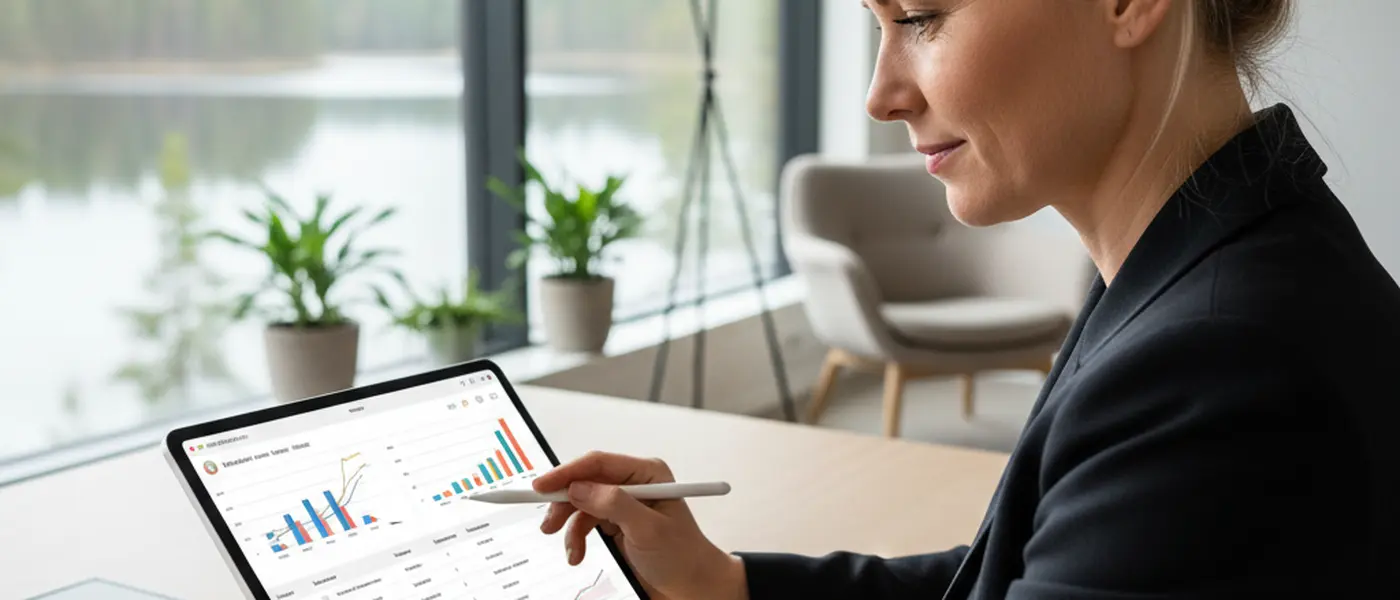 Yrittäjä tarkastelee taloushallinto-ohjelmistoa tabletilla, näytöllä talouskaavioita ja laskuja