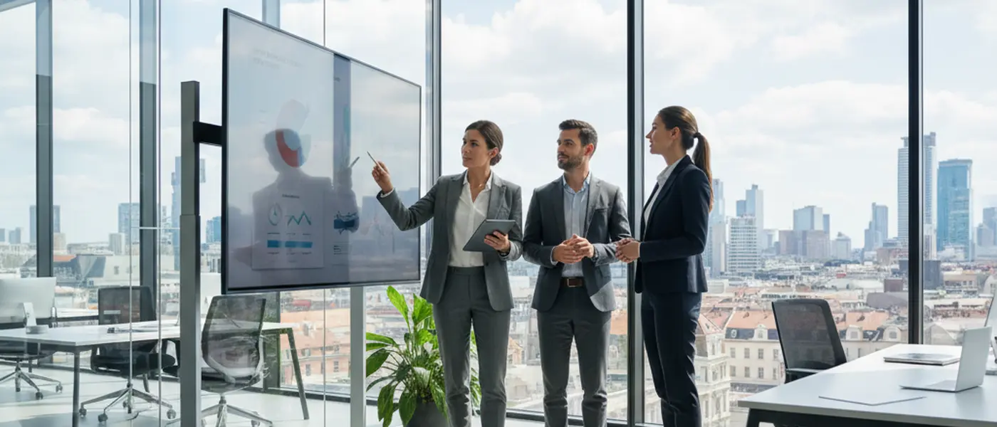 Suomalainen kirjanpitäjä tarkastelee talousasiakirjoja kannettavalla tietokoneella modernissa helsinkiläistoimistossa