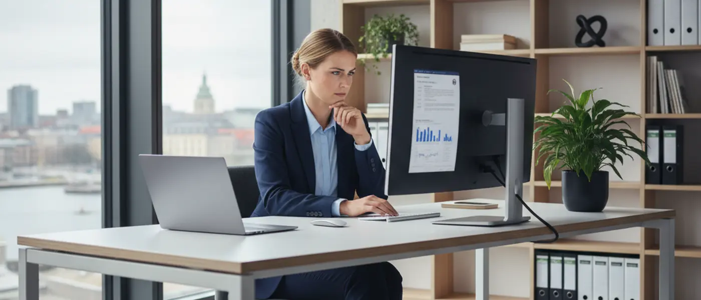 Svensk advokat granskar digitala dokument på laptop i modernt kontor