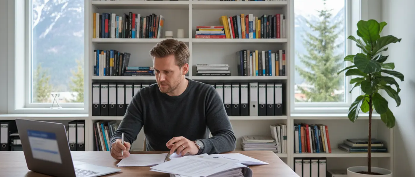 Norsk mann gjennomgår juridiske dokumenter ved et skrivebord med laptop i et lyst hjemmekontor