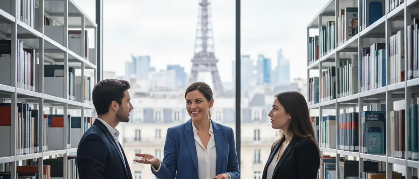 Ung norsk kvinne konsulterer dokumenter med en advokat på et moderne kontor i Oslo