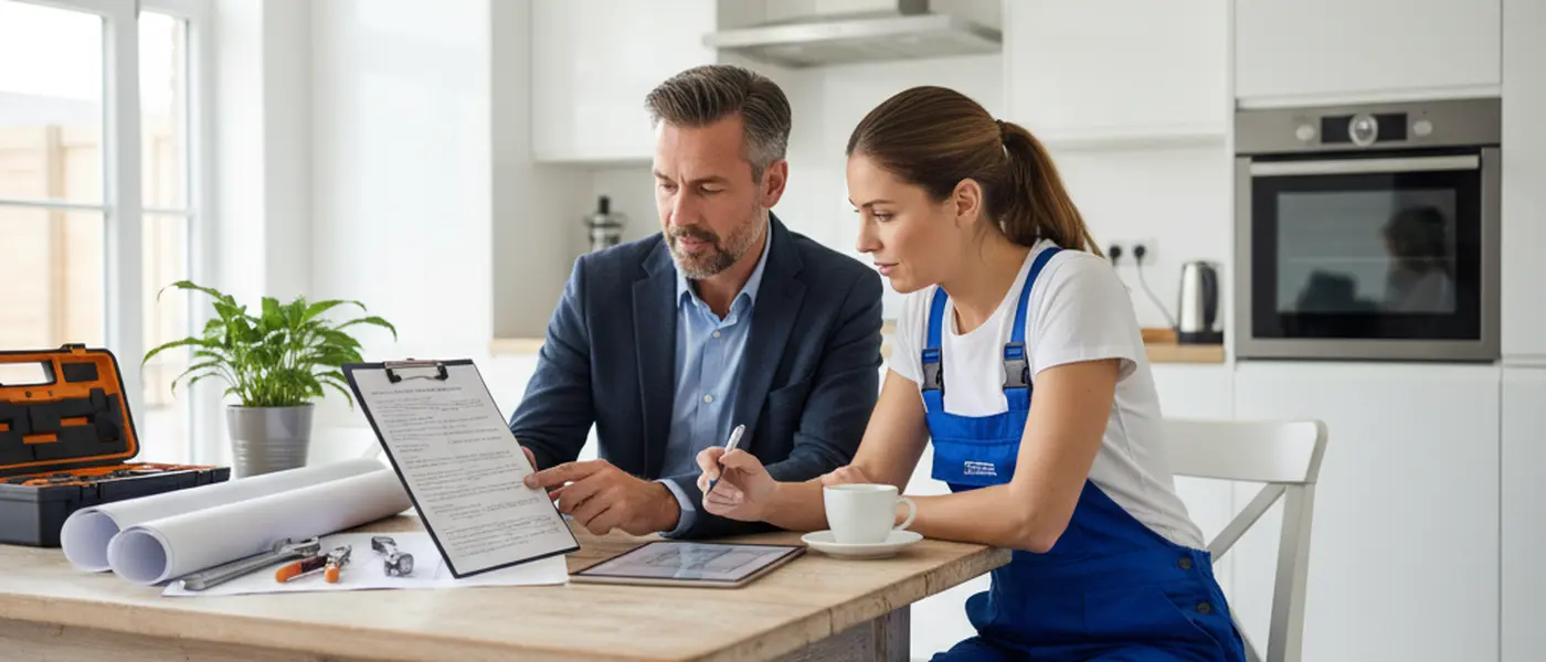 Huiseigenaar en loodgieter bekijken samen een gedetailleerde offerte aan de keukentafel