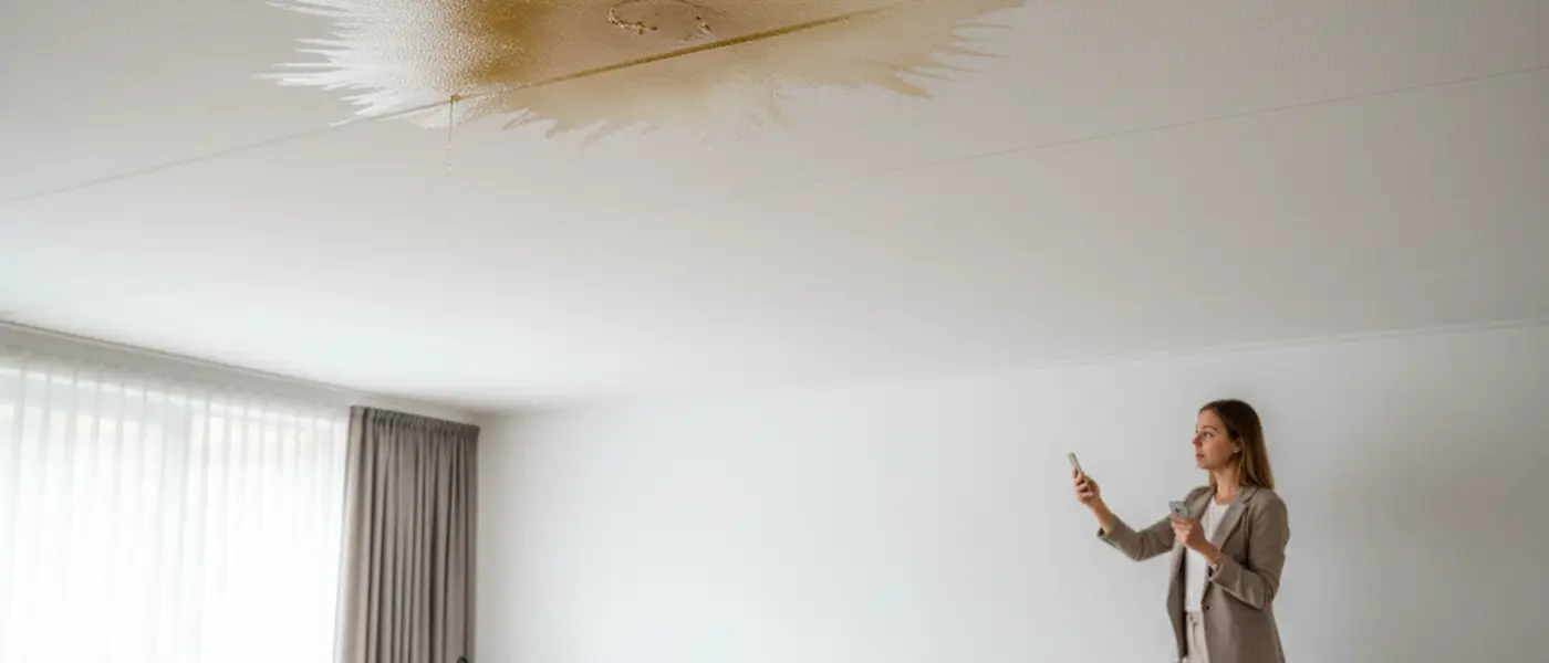 Vochtplek op een wit gepleisterd plafond als teken van een verborgen waterlekkage