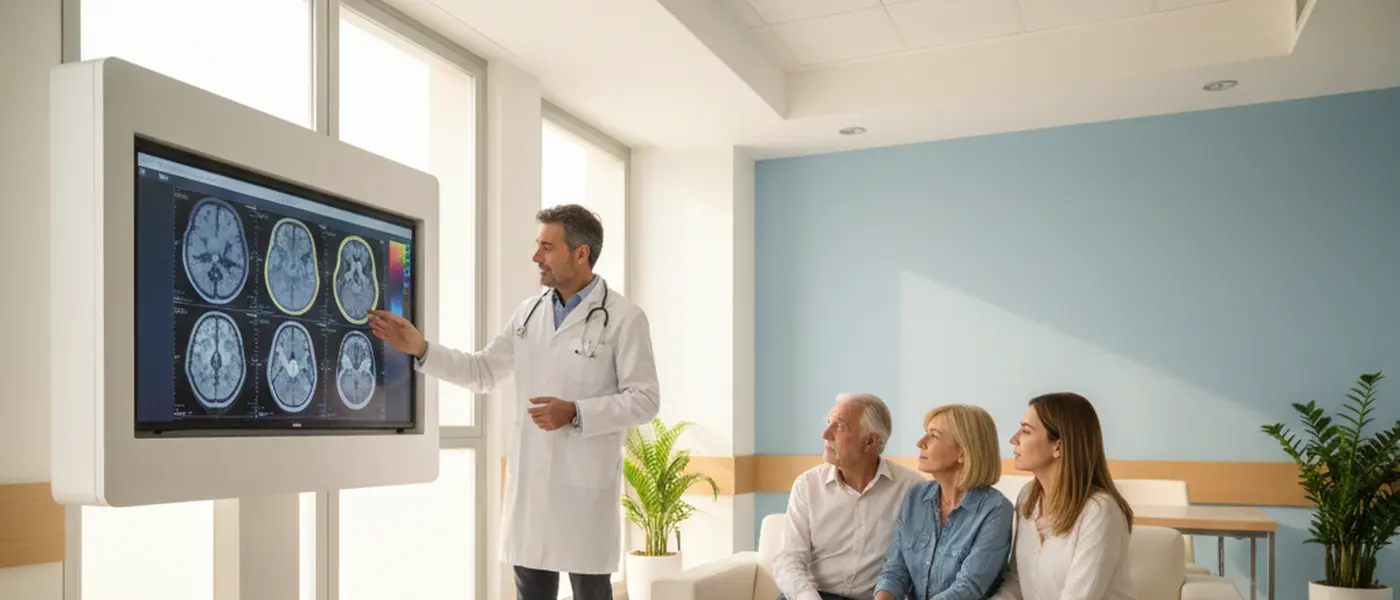 Medico italiano in ospedale che consulta la famiglia di un paziente anziano con risultati di una TAC cerebrale