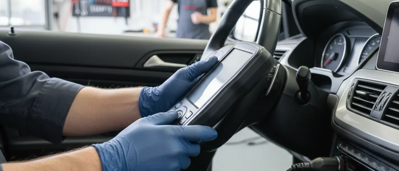 Automonteur leest een OBD-diagnosescanner uit op het dashboard van een auto in een moderne werkplaats