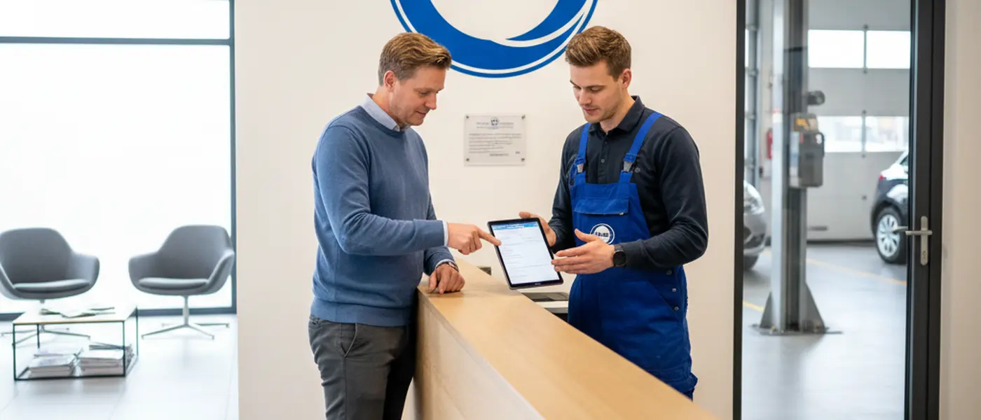 Klant bespreekt een reparatiefactuur met een automonteur bij de receptie van een erkende garage