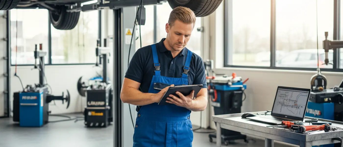 Nederlandse automonteur inspecteert de onderkant van een auto op een hydraulische brug in een moderne werkplaats