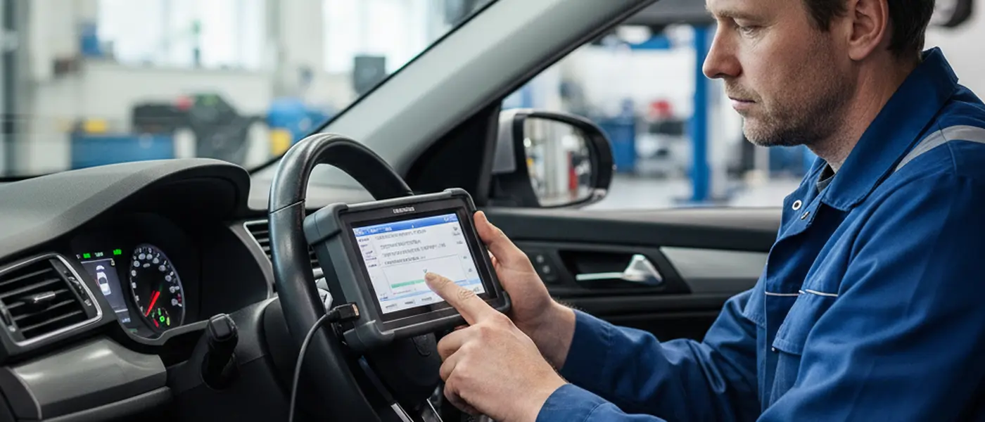 Mekaniker utför diagnostik med OBD-verktyg på en bilmotor i en modern svensk verkstad