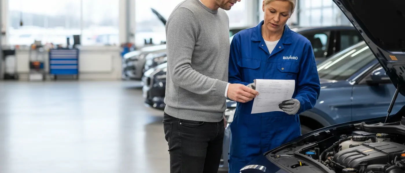Kund och mekaniker granskar en faktura tillsammans vid en bil med öppen motorhuv i en svensk verkstad