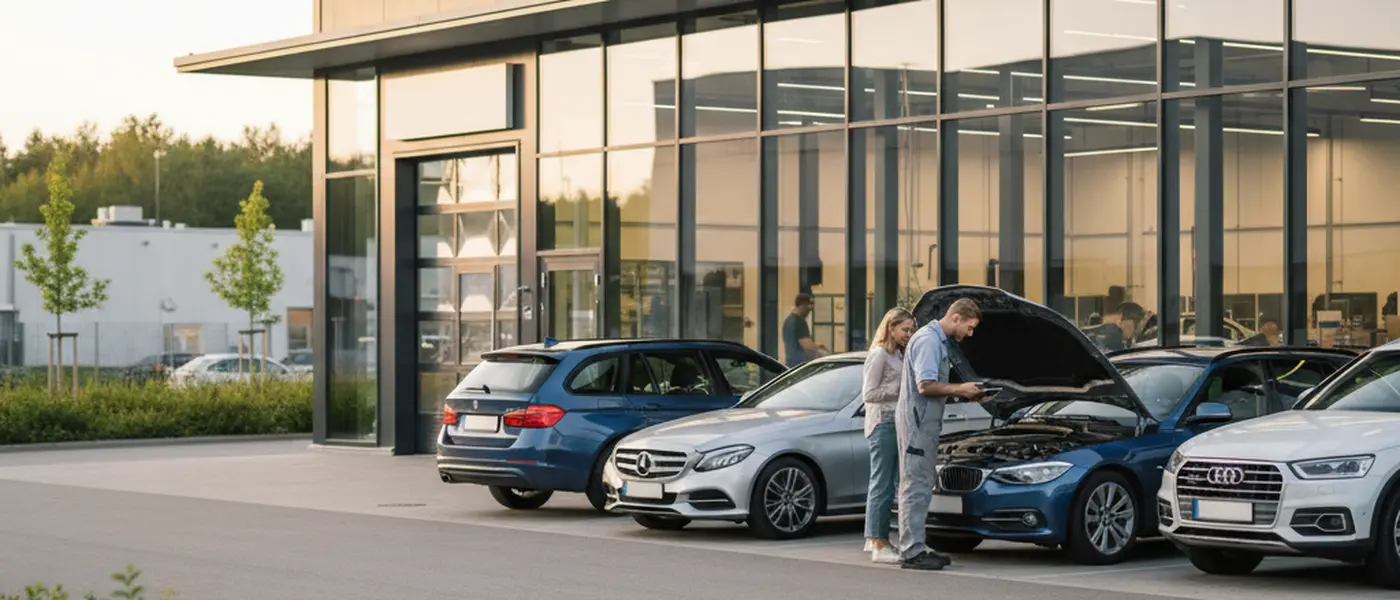 Svensk mekaniker inspekterar undersidan av en Volvo på en hydraullyft i en modern bilverkstad