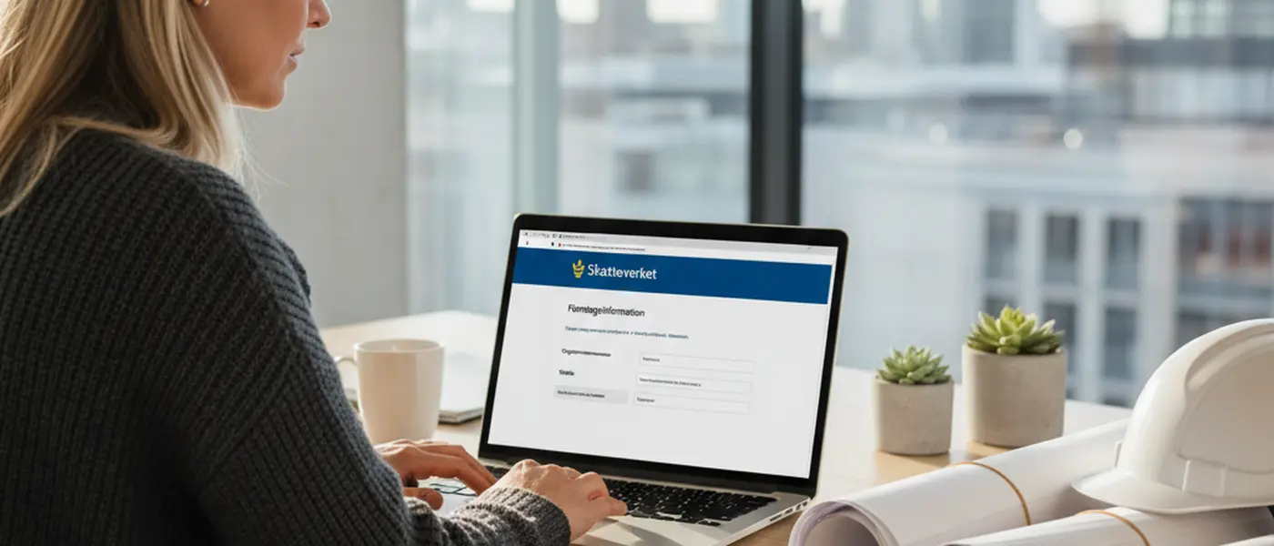 Svensk husägare kontrollerar hantverkarens F-skatt och organisationsnummer på Skatteverkets webbplats