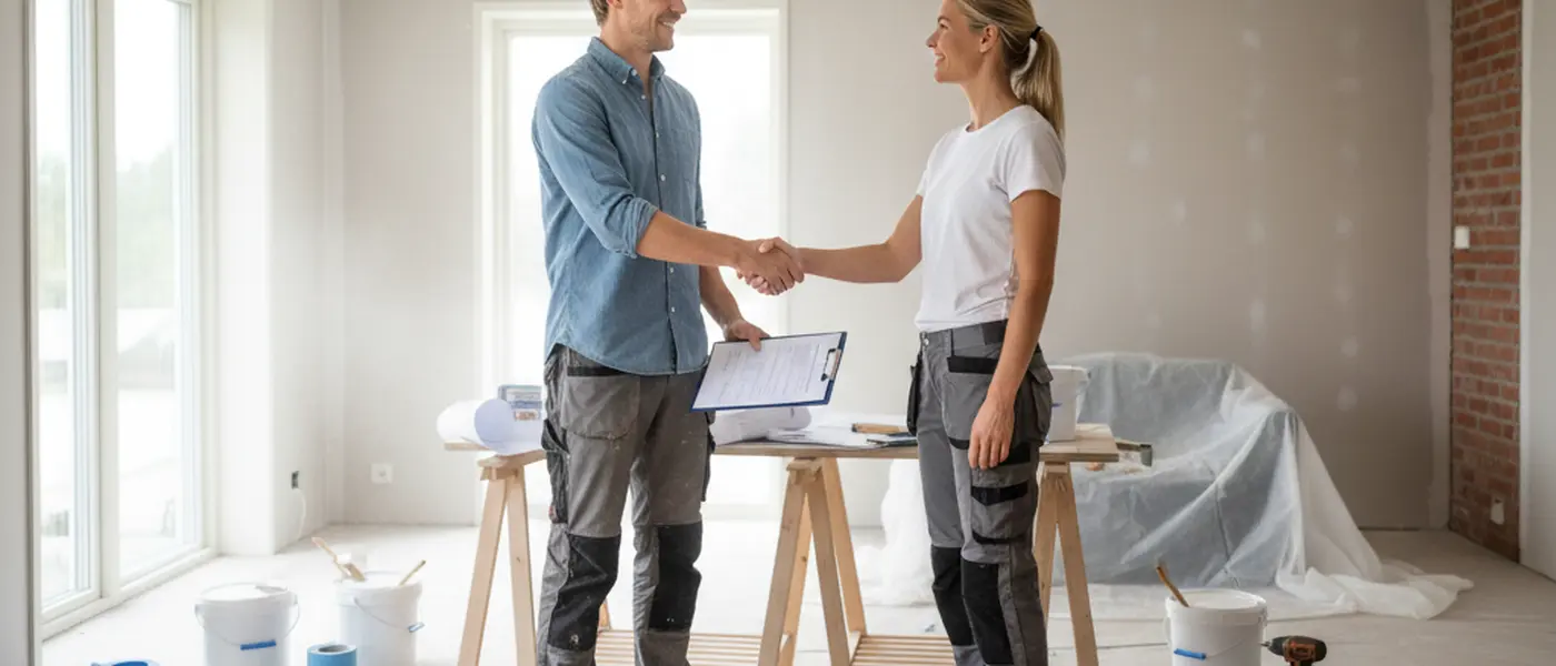 Hantverkare och husägare skakar hand framför ett renoveringsprojekt i ett svenskt hem