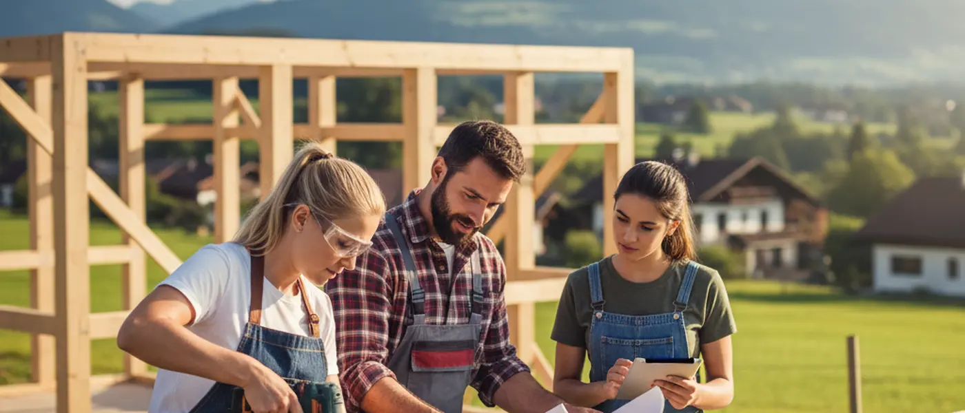 Svensk husägare granskar renoveringsofferter tillsammans med en hantverkare i ett ljust modernt kök