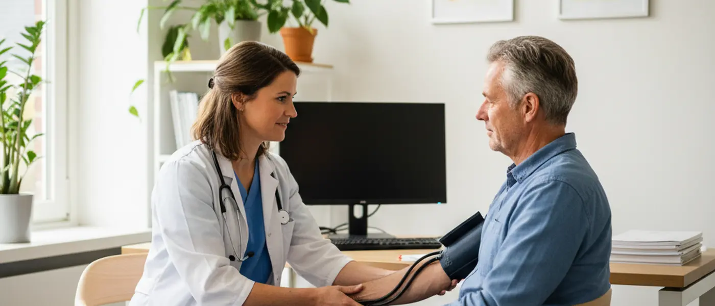 Huisarts meet de bloeddruk van een patiënt in een Nederlandse huisartsenpraktijk