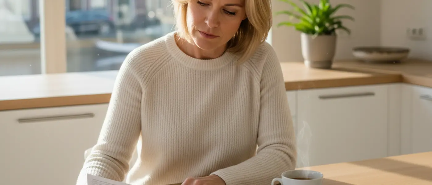 Vrouw bekijkt de resultaten van een gezondheidscheck aan de keukentafel