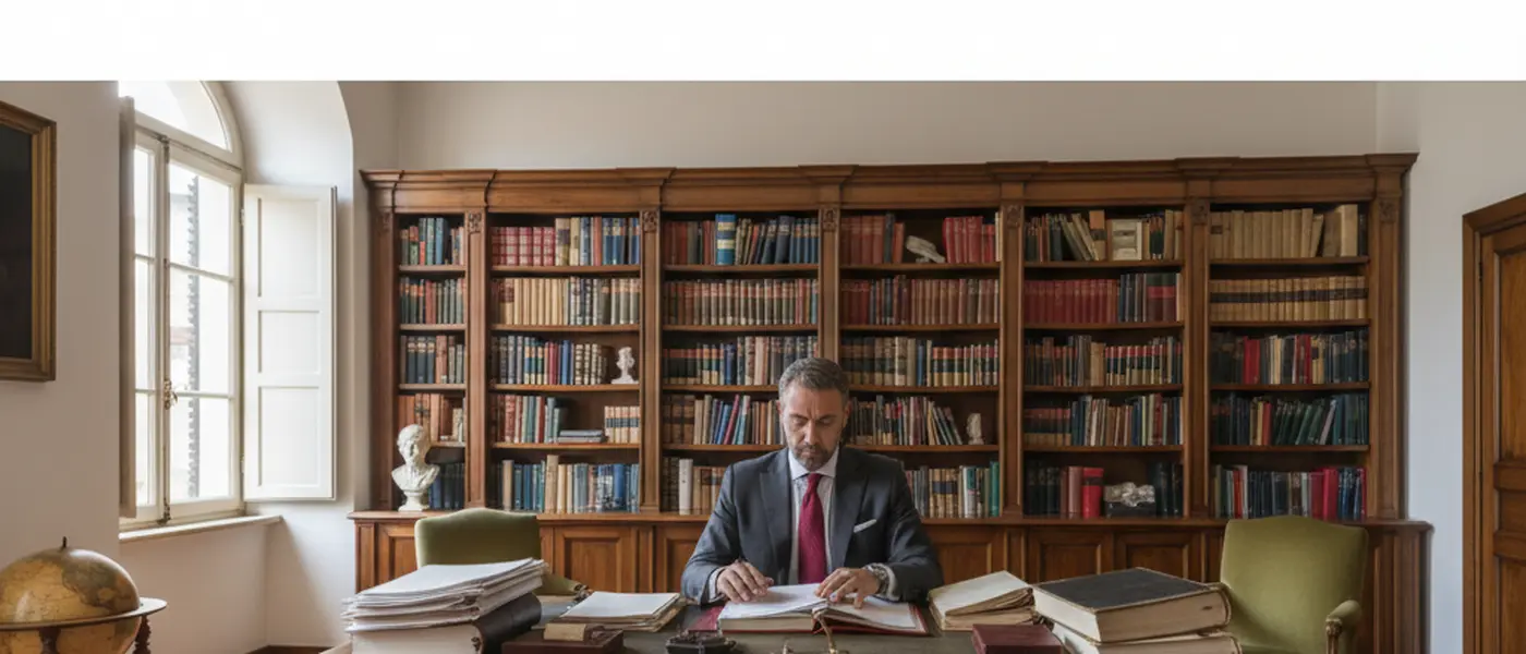 Avvocato italiano in abito formale che esamina documenti legali alla scrivania, studio professionale con libreria in legno